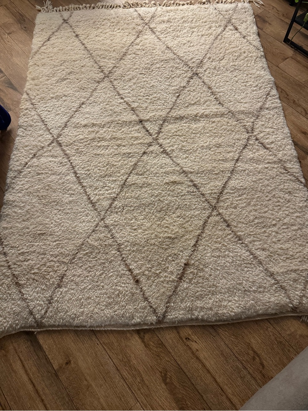 Authentic Moroccan Cream Shag Wool Area Rug with Taupe Diamond Lattice